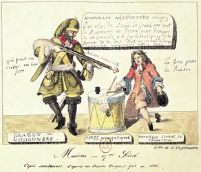 Missioni del XVII secolo: Il dragone missionario costringe un ugonotto a firmare la sua conversione al cattolicesimo, copia esatta di un disegno originale del 1686